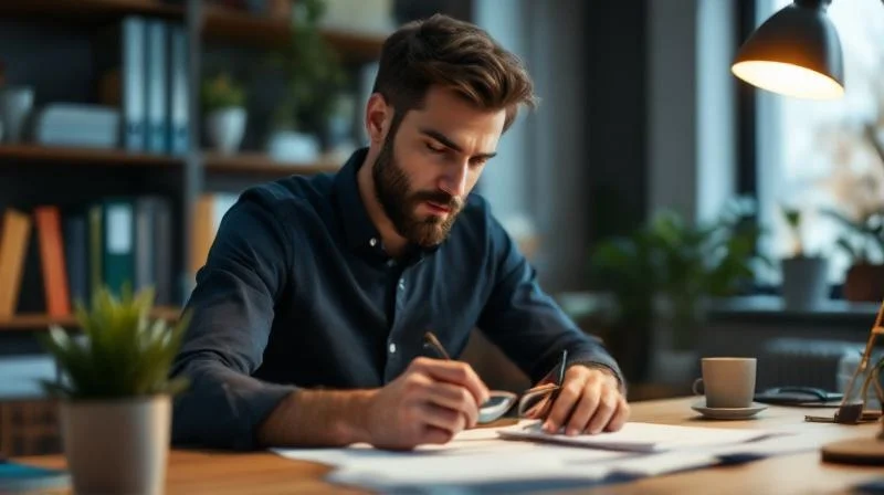 Mann berechnet Foerderung am Schreibtisch in Duisburg
