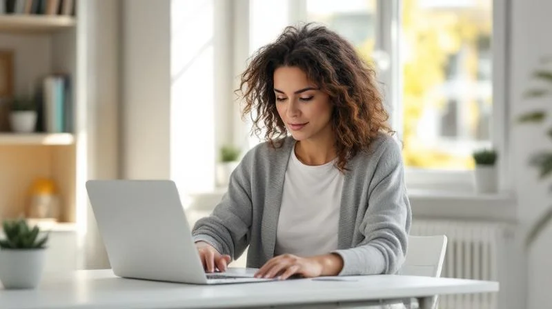 Frau sitzt am Schreibtisch in Duisburg und fuellt Formulare am Laptop aus