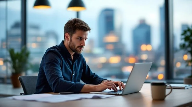 Mann sitzt konzentriert am Laptop in einem modernen Buero in Duisburg und recherchiert Karrierechancen