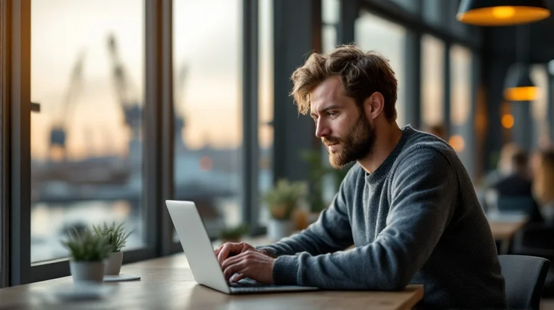Duisburger Angestellter mit Laptop im Coworking-Space am Innenhafen, im Hintergrund Hafenkulisse