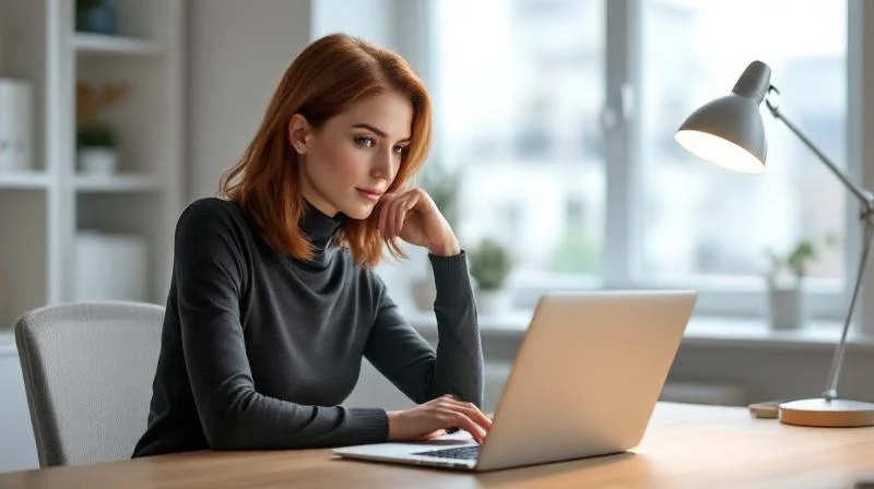Frau arbeitet am Laptop in einem modernen Buero in Duisburg