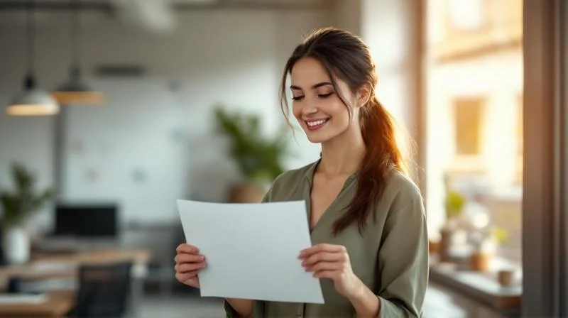 Frau haelt stolz ein IHK-Zeugnis in der Hand in einem hellen Buero in Duisburg