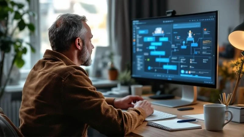 Ehemaliger Industriearbeiter aus Duisburg arbeitet als Quereinsteiger am Laptop