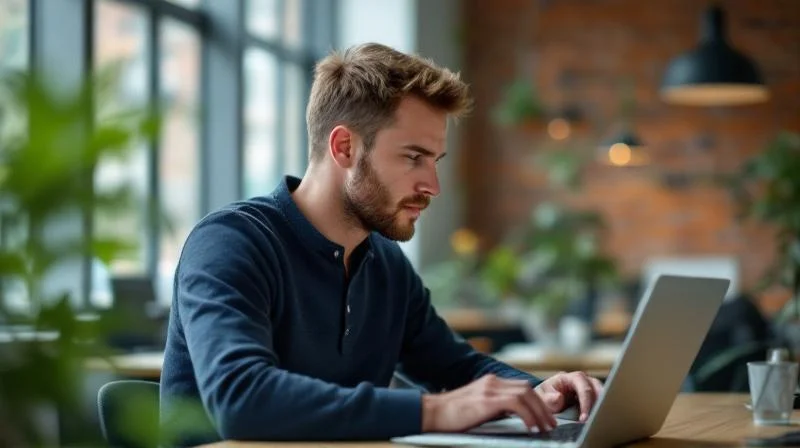 Mann arbeitet konzentriert am Laptop in einem modernen Coworking-Space in Duisburg