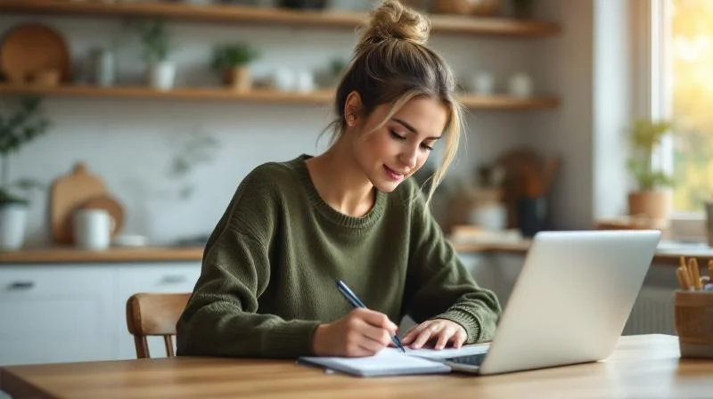 Frau lernt am Laptop in einem hellen Wohnzimmer mit Blick auf den Duisburger Innenhafen
