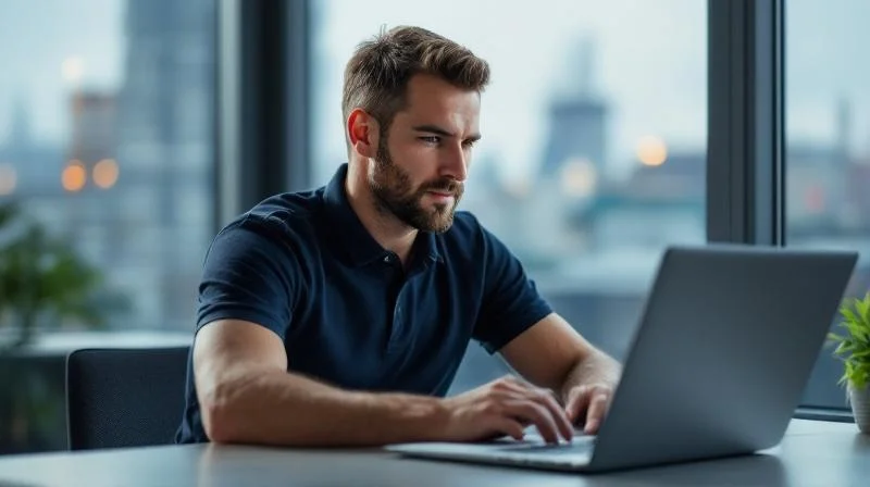 Mann arbeitet konzentriert am Laptop in einem modernen Buero im Ruhrgebiet